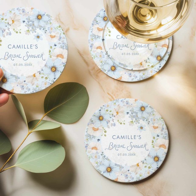 Sous-verre de boisson de douche de mariage floral  (Blue Flower Bridal Shower Drink Coaster)