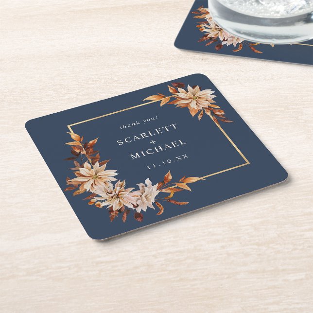 Sous-verre de mariage couleur bleu marine (Navy Blue Floral Wedding Paper Coaster by Painted Paperie
)