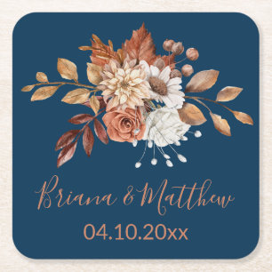 Sous-verre en papier carré bleu marine Floral auto