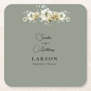 Sous-verre en papier carré de mariage floral vert 