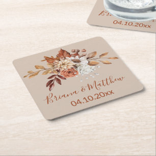 Sous-verre en papier carré taupe Bouquet floral d'