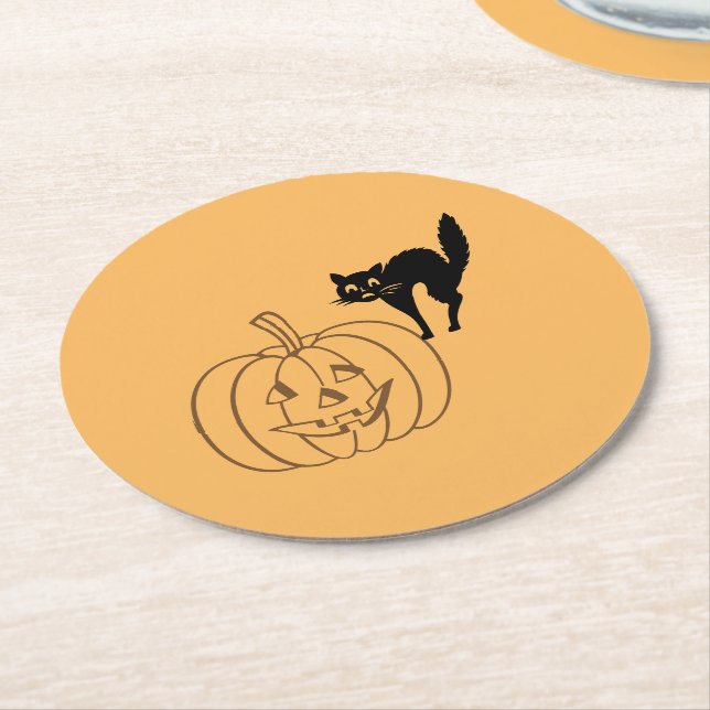 Sous-verre en papier - Citrouille et chat noir (Incliné)
