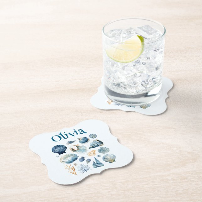 Sous-verre en papier Coquillage Bleu – Nom personn (En situation)