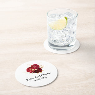 Sous-verre en papier rond de mariage floral rouge