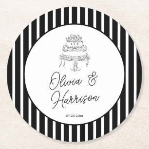 Sous-verre en papier rond pour mariage rayé noir e