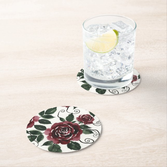 Sous-verre en papier Roses Rouge Foncé (En situation)