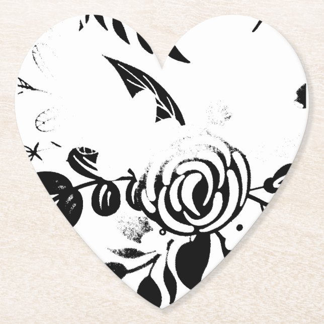 Sous-verre Fleur de coeur noir et blanc classique  (Devant)