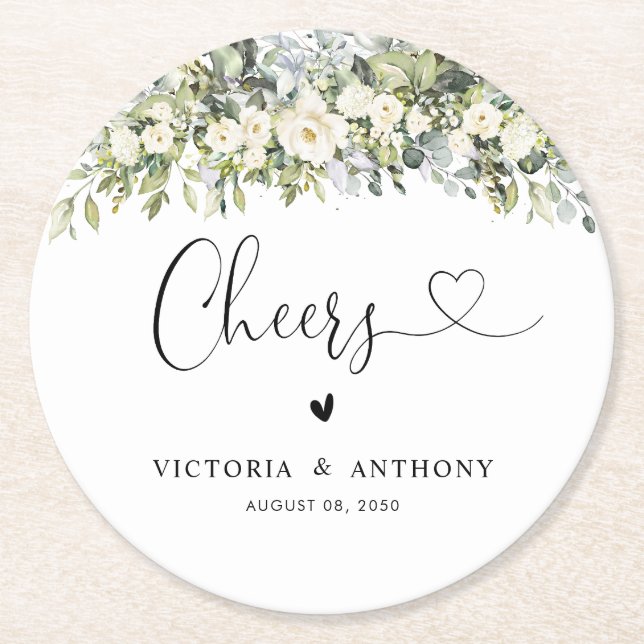 Sous-verre rond de mariage aux fleurs blanches (Devant)