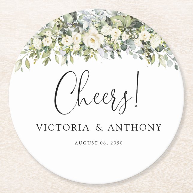 Sous-verre rond de mariage aux fleurs blanches (Devant)