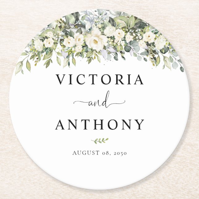 Sous-verre rond floral blanc pour mariage (Devant)