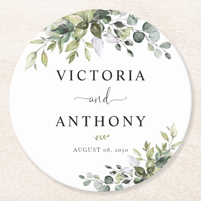 Sous-verre rond mariage eucalyptus (Devant)