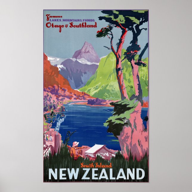 South Island New Zealand Poster vintage restauré (Devant)