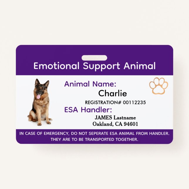 Soutien émotionnel Animal ESA ID One Photo Badge (Devant)