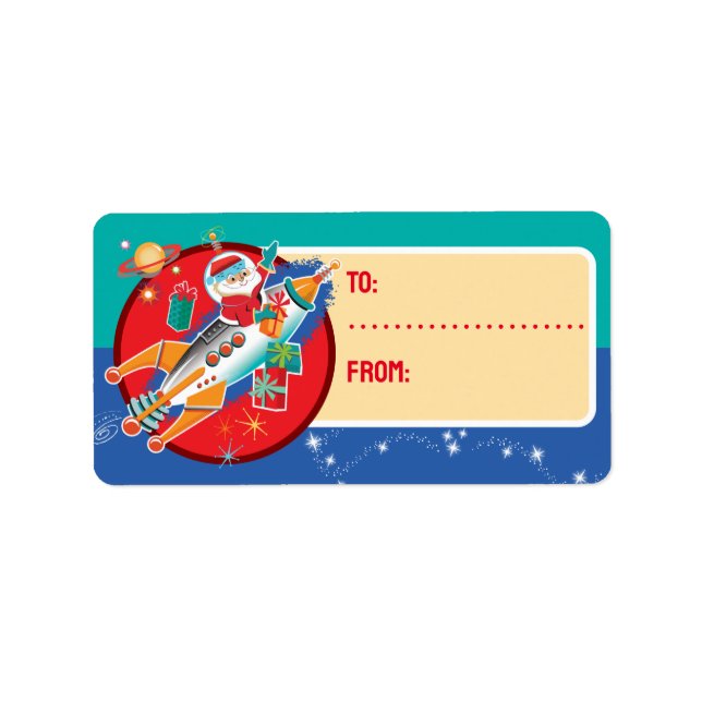 Space Age Père Noël 2 étiquettes cadeaux de Noël (Devant)