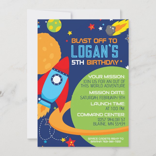 Space Blue Rocket Invitations d'anniversaire (Devant)