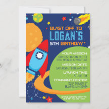 Space Blue Rocket Invitations d'anniversaire