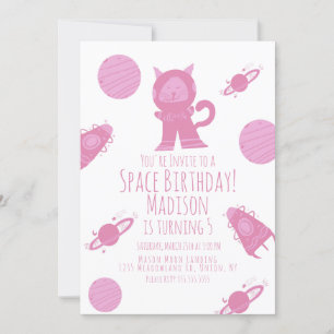 Space Cat Pink Galaxy Invitation d'anniversaire