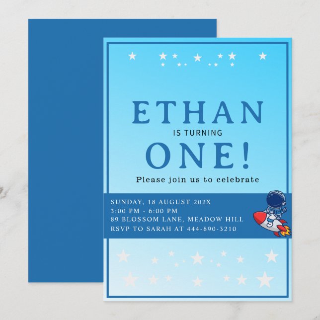 Space First Birthday Invitation – Astronaut Party (Devant / Derrière)