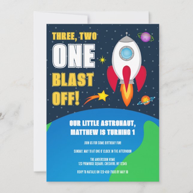 Space Rocket Ship 1er Anniversaire Fête Invitation (Devant)