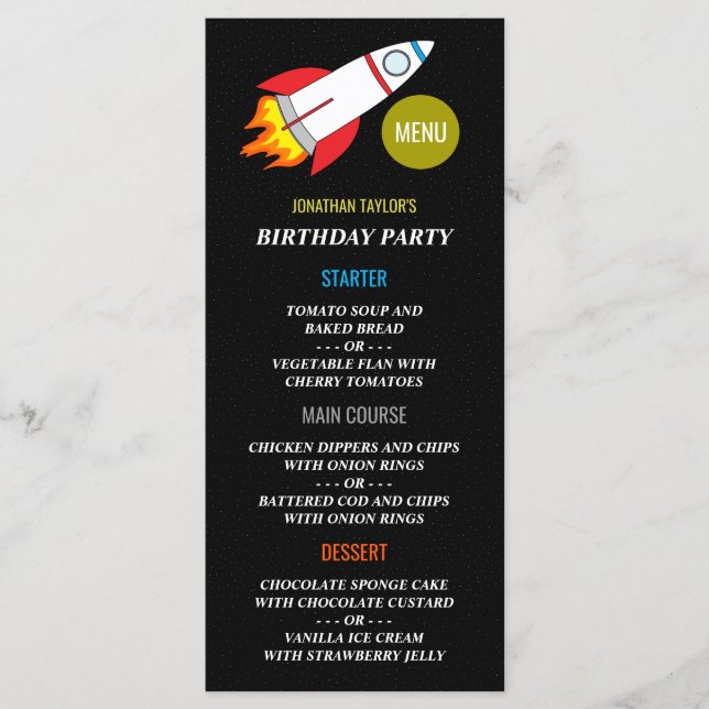 Space Rocket to the Moon Children's Birthday Menu (Devant)