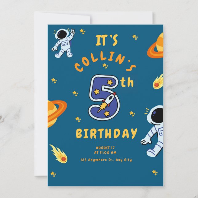 Space Theme 5th Birthday Invitation for Boys (Devant)