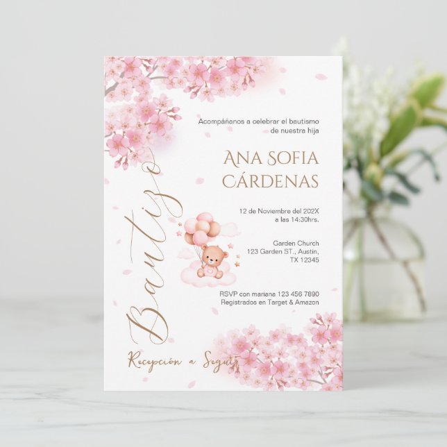 Spanish Baptism Girl invitation pink (Debout devant)