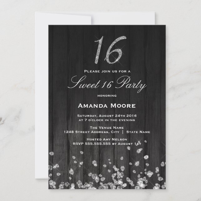 Sparkle Diamond Silver Black Sweet 16 Invitation (Devant)