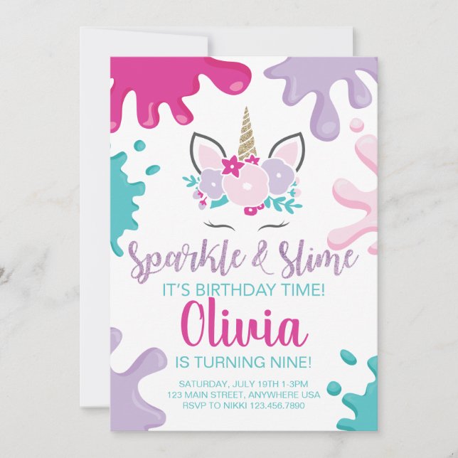 Sparkle et Slime Unicorn Slime Invitation d'annive (Devant)