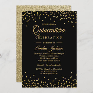 Sparkle Gold Noir Confetti Quinceanera Invitation