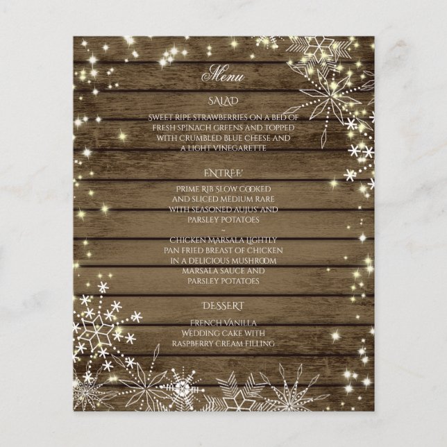 Sparkle Snowflakes et Barn Wood Menu Mariage (Devant)