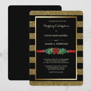 Sparkle Stripe Noël Poinsettia Mariage Invitation