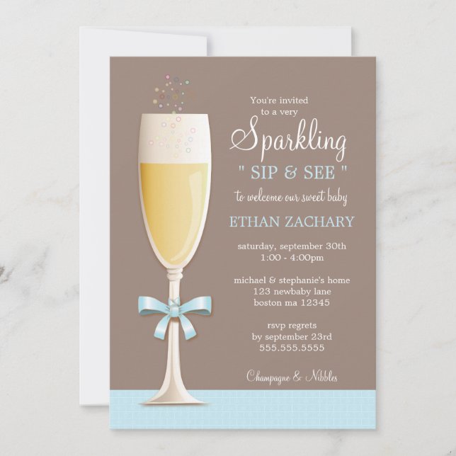 Sparkling New Baby Boy Sip and See Invitation (Devant)