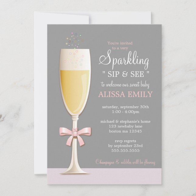Sparkling New Baby Girl Sip and See Invitation (Devant)