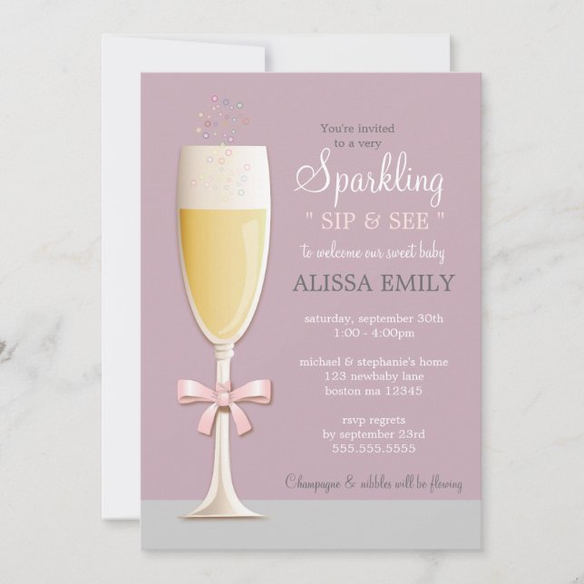 Sparkling New Baby Girl Sip and See Invitation (Devant)