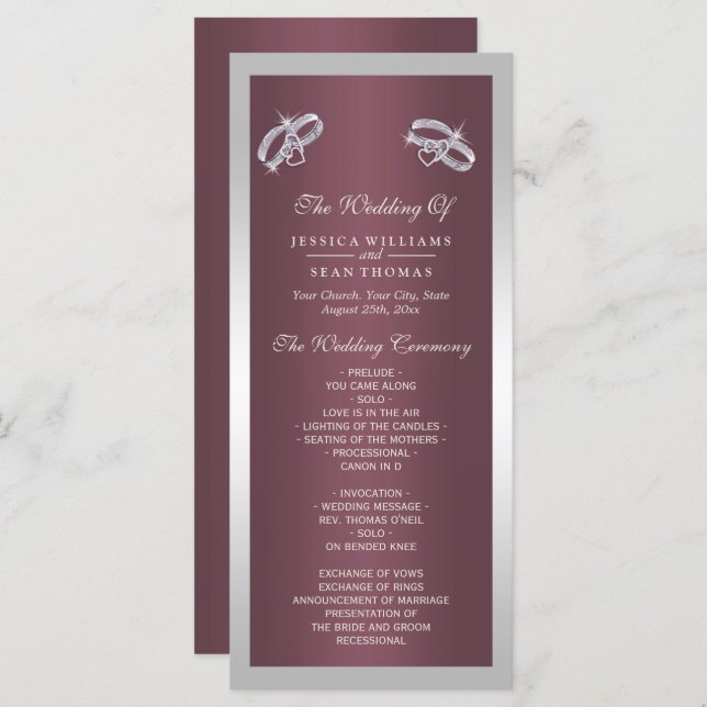Sparkly Silver Rings & Burgandy Wedding Programme (Devant / Derrière)