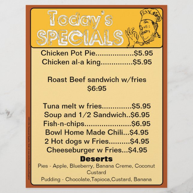Spécialités d'aujourd'hui Menu Inserts Restaurants (Devant)