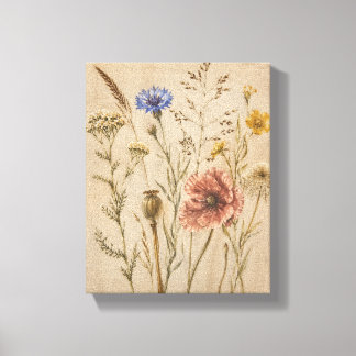 Spécimens de prairie sur toile botanique en lin br
