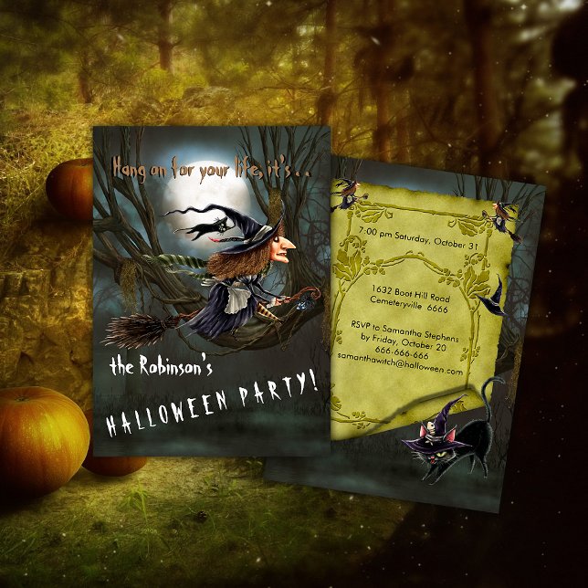 Speeding Witch on Broomstick Halloween Invitation (Créateur téléchargé)