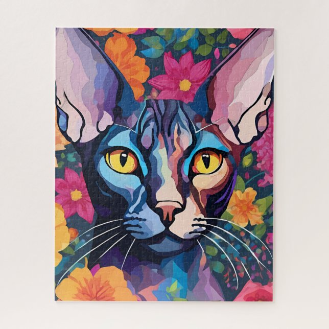 Sphynx Cat Art Fleurs Floral Jeu de puzzle (Vertical)