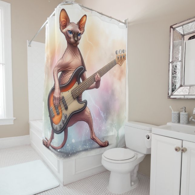 Sphynx Chat Jouer Basse Guitare Douche Rideau (En situation)