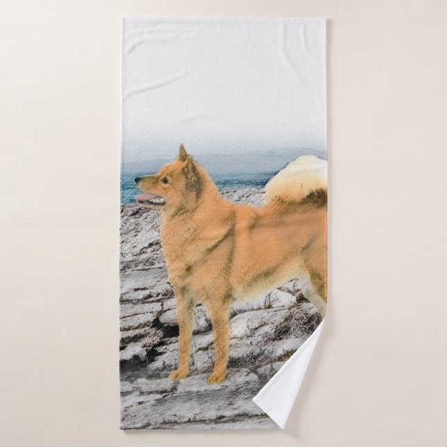 Spitz finlandais à Seashore Peinture - Chien Art (Serviette de bain)