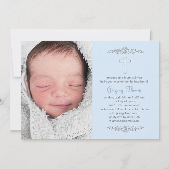 Splendid Cross Photo Baptism Invitation - Blue (Devant)