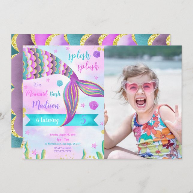 Splish Splash Sirène Anniversaire Photo Invitation (Devant / Derrière)