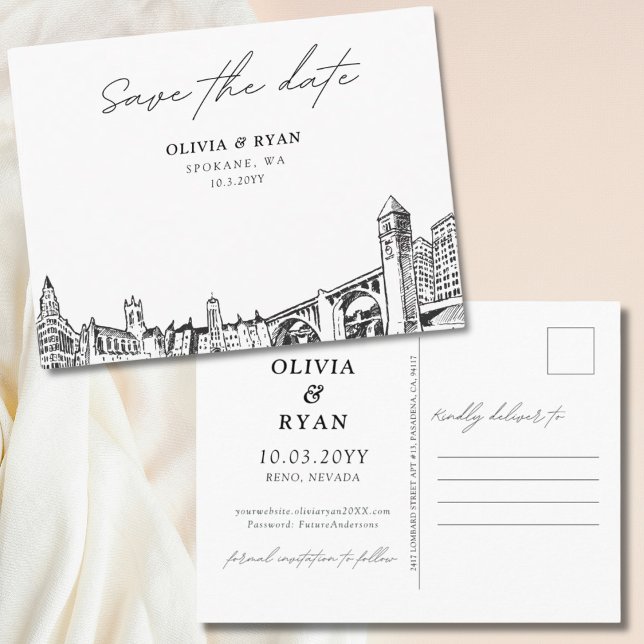 Spokane Enregistrer la date Carte postale Mariage  (Spokane Save the Date Postcard Elegant Wedding)