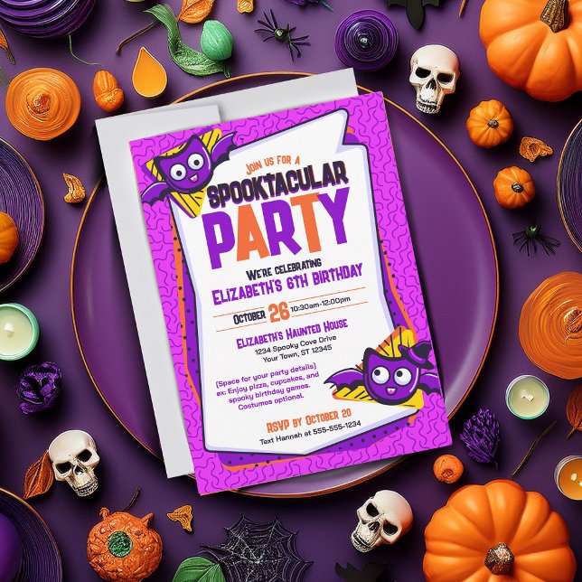 Spooktacular Bats Invitation Anniversaire (Spooky invite perfect for Halloween parties or birthdays. Purple invite featuring bat characters)