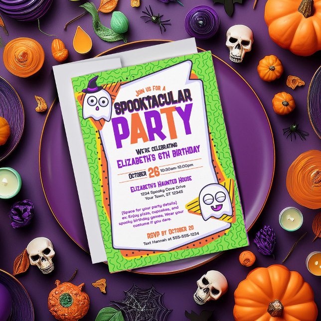 Spooktacular Ghosts Green Anniversaire Invitation (Spooky invites perfect for cute Halloween parties and birthdays. Green with ghost characters)