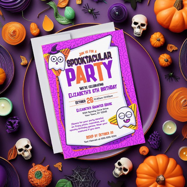Spooktacular Ghosts Purple Invitation Anniversaire (Spooky invites perfect for cute Halloween parties and birthdays. Purple with ghost characters)