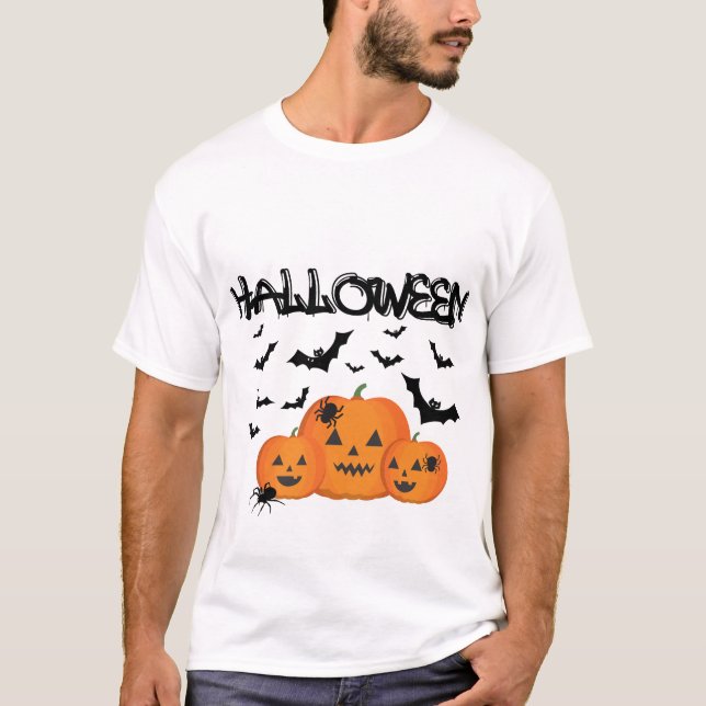 Spooky Halloween Pumpkins & Bats T-Shirt (Devant)