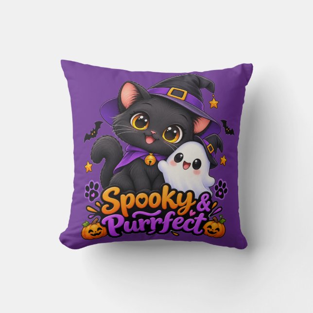 Spooky & Purrfect – Coussin de chat d'Halloween (Recto)