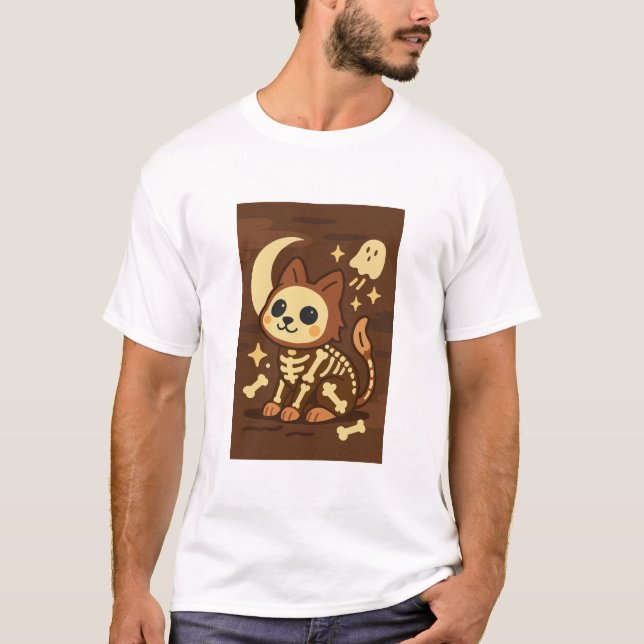 Spooky Skeleton Cat and Ghost T-Shirt (Devant)